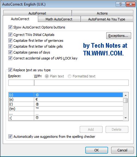 Microsoft Word Autocorrect window