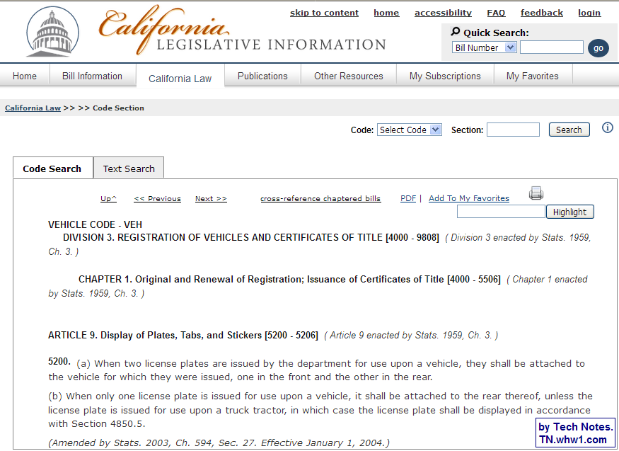 California Vehicale Code Div 3 Ch 1 Article 9 Sec 5200