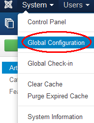 Global Configuration selected on Joomla Systems menu