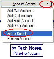 Thunderbird Account Settings Account Actions button with Set As Default selected.