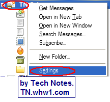 Right-mouse-button selection on Email account with Settings selected