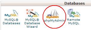 Cpanel Database section with PHPMyAdmin circled.
